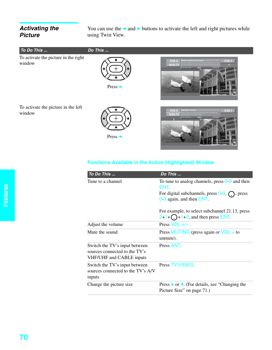 Activating the picture, Features | Sony KDE-37XS955 User Manual | Page 72 / 128