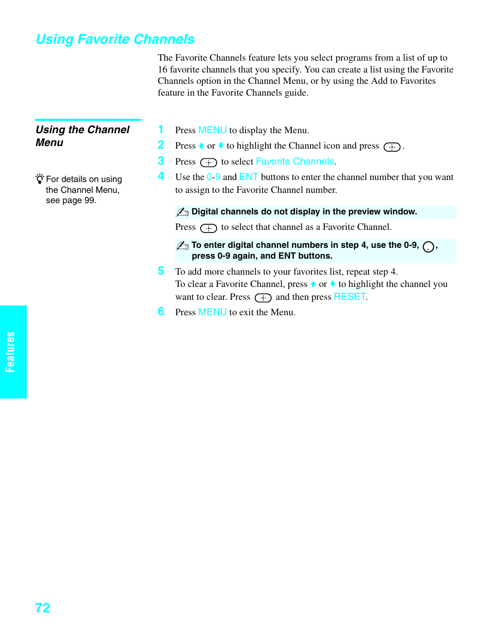 Using favorite channels, Using the channel menu | Sony KDE-37XS955 User Manual | Page 74 / 128