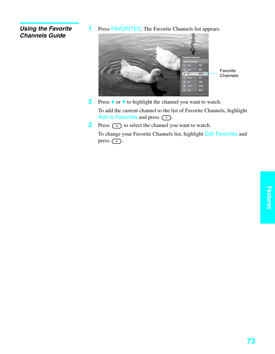 Using the favorite channels guide, Features | Sony KDE-37XS955 User Manual | Page 75 / 128