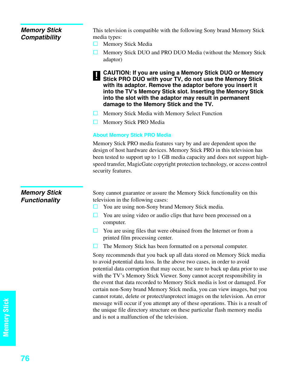 Memory stick compatibility, Memory stick functionality | Sony KDE-37XS955 User Manual | Page 78 / 128