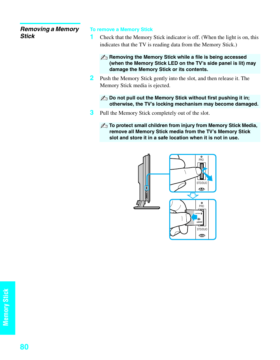 Removing a memory stick, Mem o ry st ick | Sony KDE-37XS955 User Manual | Page 82 / 128