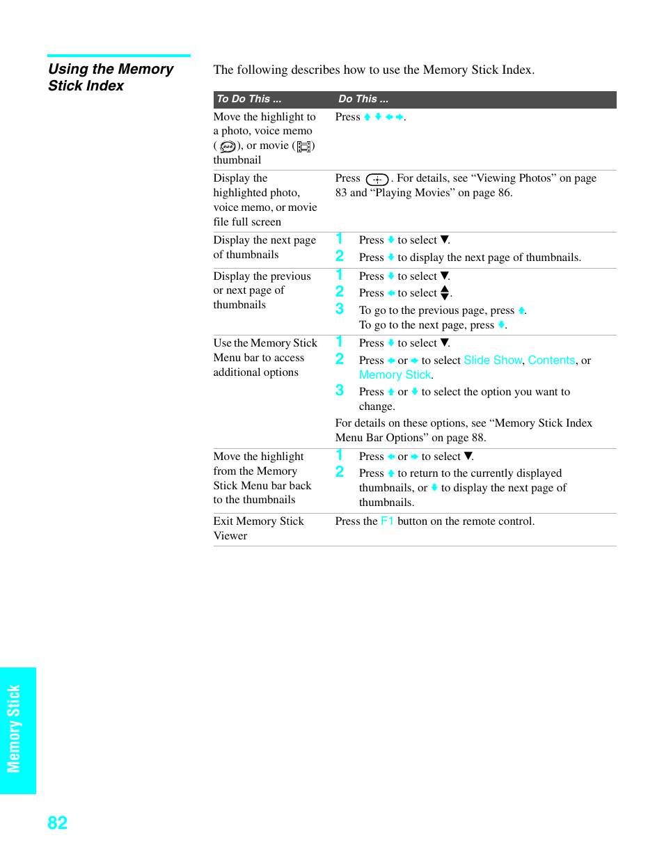 Using the memory stick index, Mem o ry st ick | Sony KDE-37XS955 User Manual | Page 84 / 128