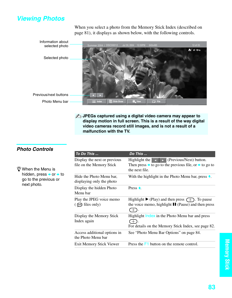 Viewing photos, Photo controls | Sony KDE-37XS955 User Manual | Page 85 / 128