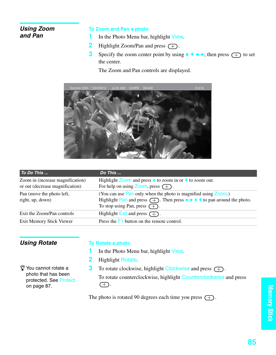 Using zoom and pan, Using rotate, Using zoom and pan using rotate | Sony KDE-37XS955 User Manual | Page 87 / 128