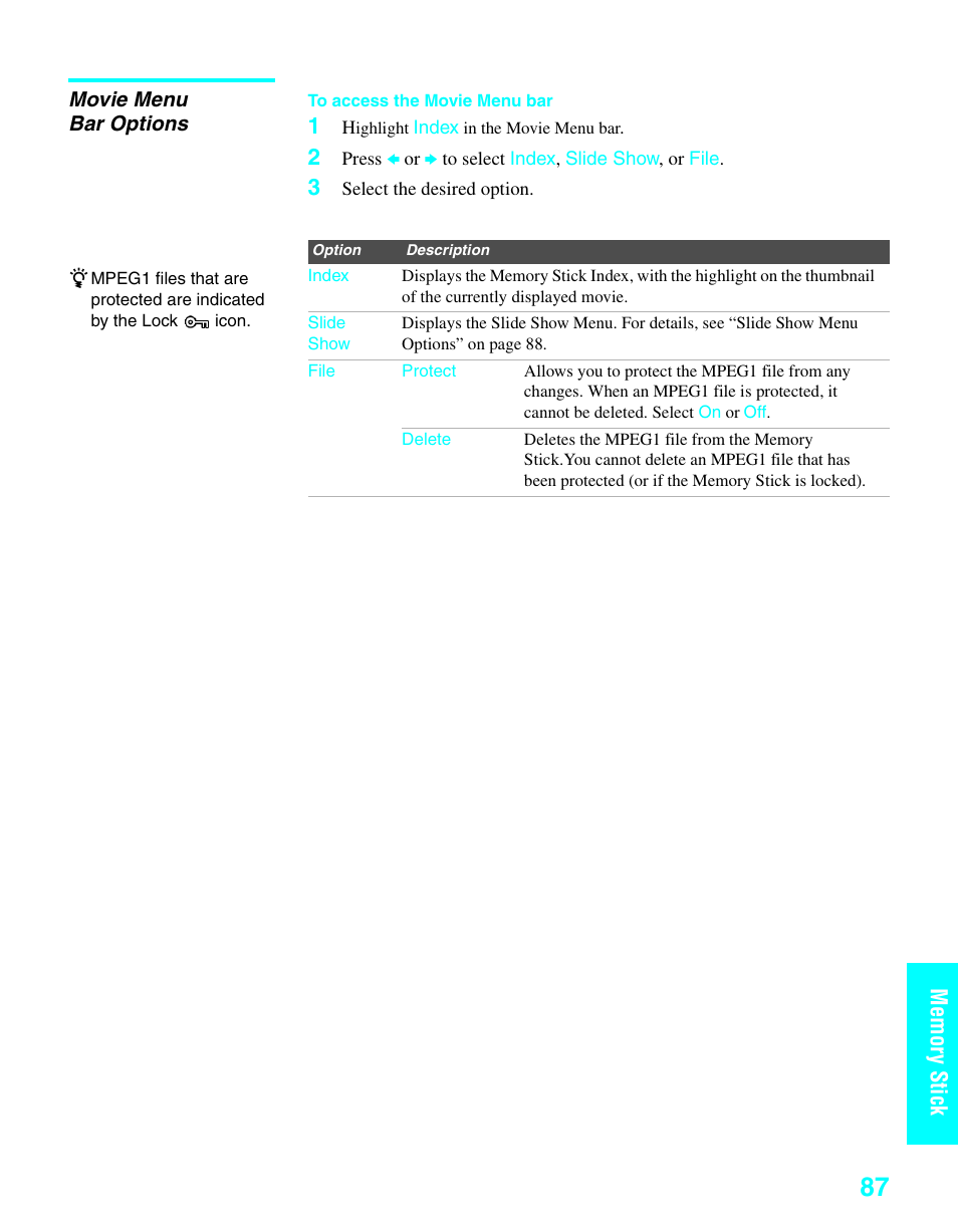 Movie menu bar options | Sony KDE-37XS955 User Manual | Page 89 / 128