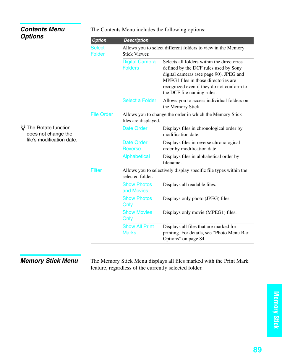 Contents menu options, Memory stick menu, Contents menu options memory stick menu | Sony KDE-37XS955 User Manual | Page 91 / 128