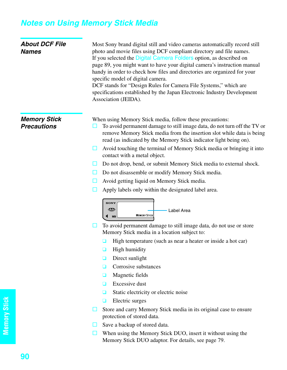 Notes on using memory stick media, About dcf file names, Memory stick precautions | About dcf file names memory stick precautions, Mem o ry st ick | Sony KDE-37XS955 User Manual | Page 92 / 128