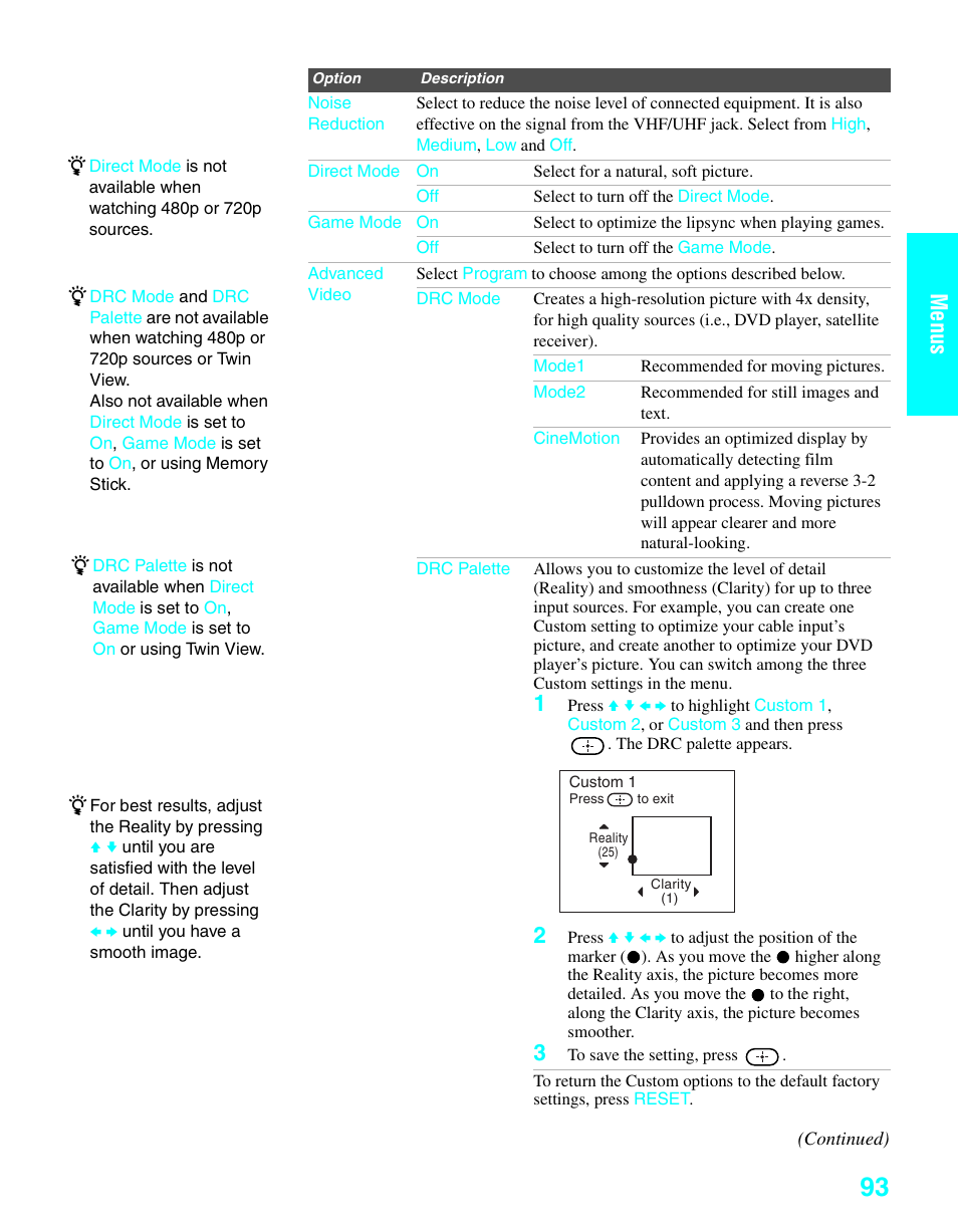 Menus | Sony KDE-37XS955 User Manual | Page 95 / 128