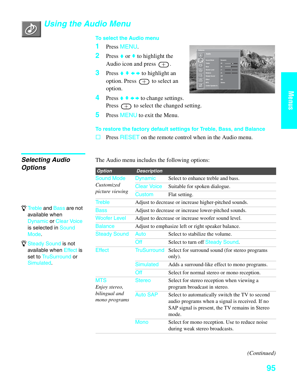 Using the audio menu, Selecting audio options, See “selecting audio | D 95, Menus | Sony KDE-37XS955 User Manual | Page 97 / 128