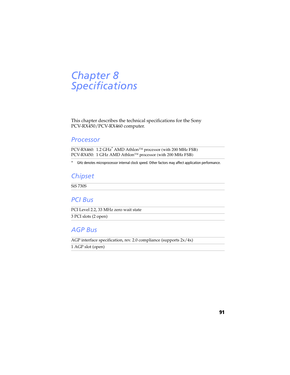 Specifications, Processor, Chipset | Pci bus, Agp bus, Chapter 8 — specifications, Processor chipset pci bus agp bus, Chapter 8 specifications | Sony PCV-RX460 User Manual | Page 105 / 114