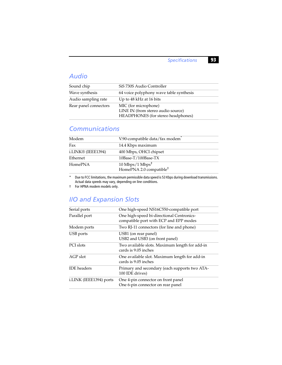 Audio, Communications, I/o and expansion slots | Audio communications, Audio communications i/o and expansion slots | Sony PCV-RX460 User Manual | Page 107 / 114