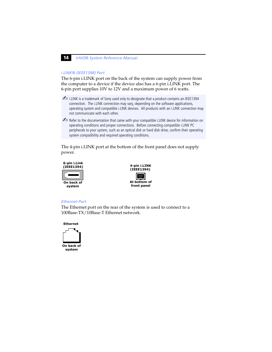 I.link® (ieee1394) port, Ethernet port | Sony PCV-RX460 User Manual | Page 28 / 114