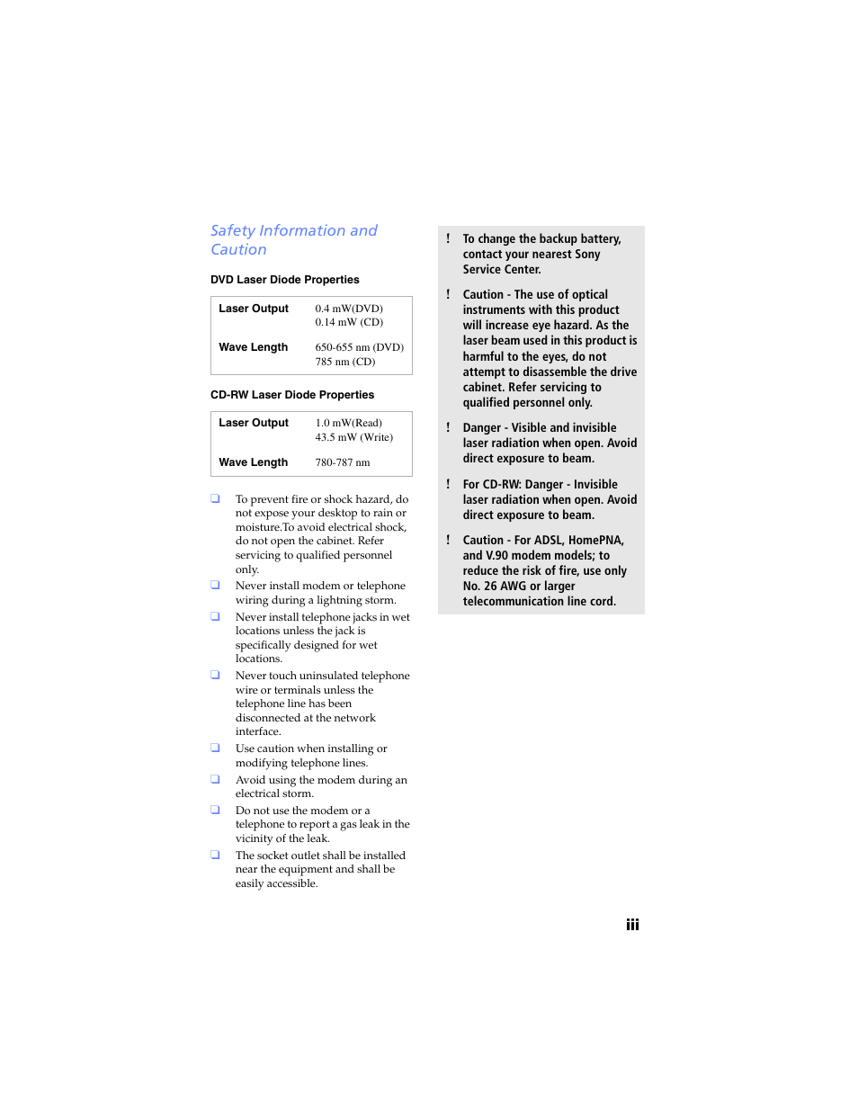 Safety information and caution, Iii safety information and caution | Sony PCV-RX460 User Manual | Page 3 / 114