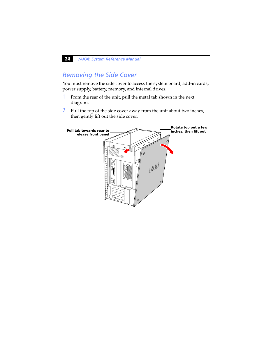 Removing the side cover | Sony PCV-RX460 User Manual | Page 38 / 114