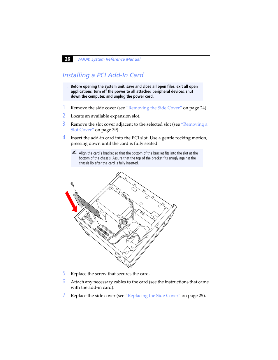 Installing a pci add-in card | Sony PCV-RX460 User Manual | Page 40 / 114