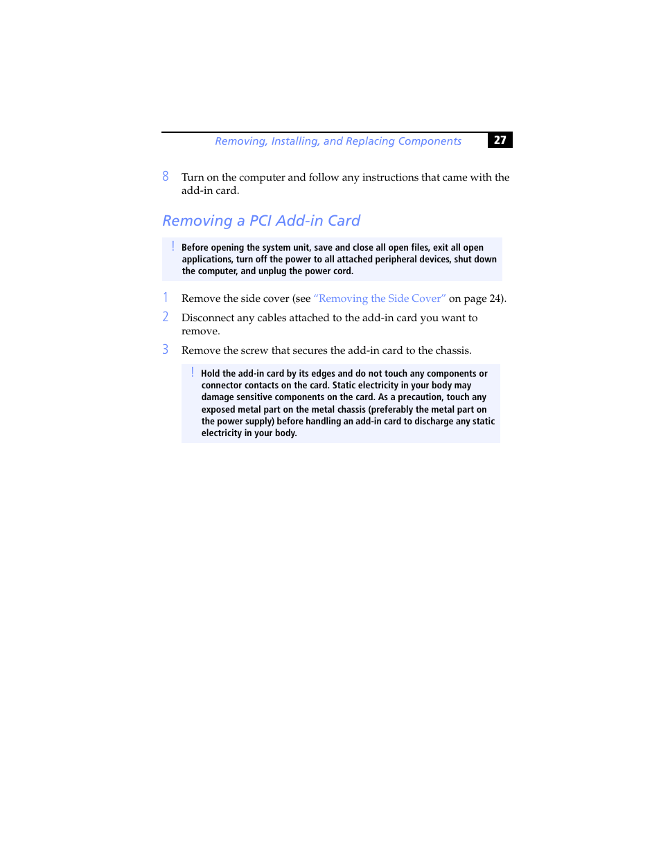 Removing a pci add-in card | Sony PCV-RX460 User Manual | Page 41 / 114