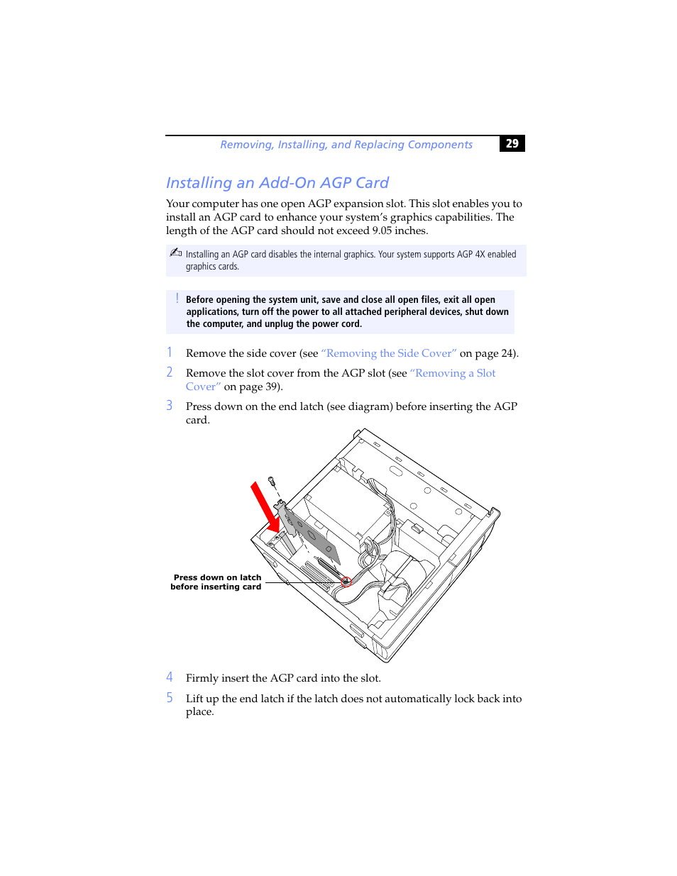 Installing an add-on agp card | Sony PCV-RX460 User Manual | Page 43 / 114