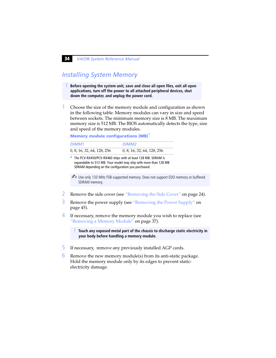 Installing system memory | Sony PCV-RX460 User Manual | Page 48 / 114