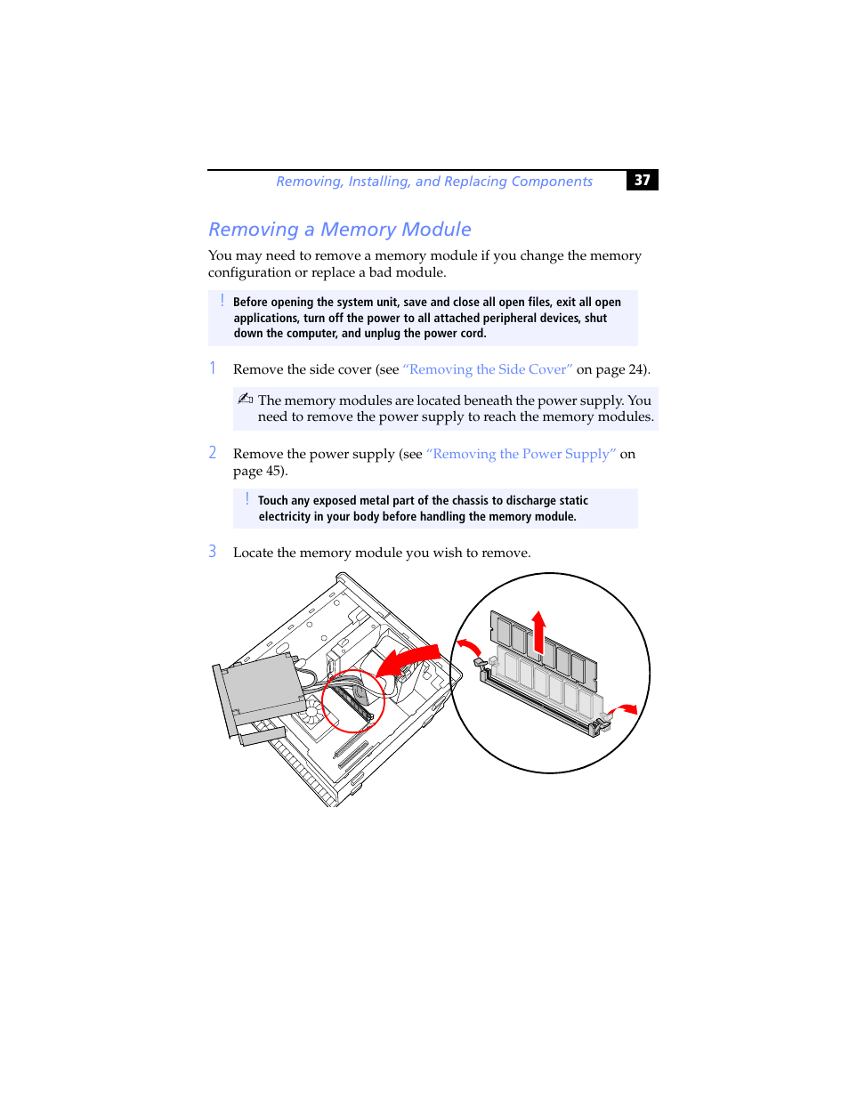 Removing a memory module | Sony PCV-RX460 User Manual | Page 51 / 114