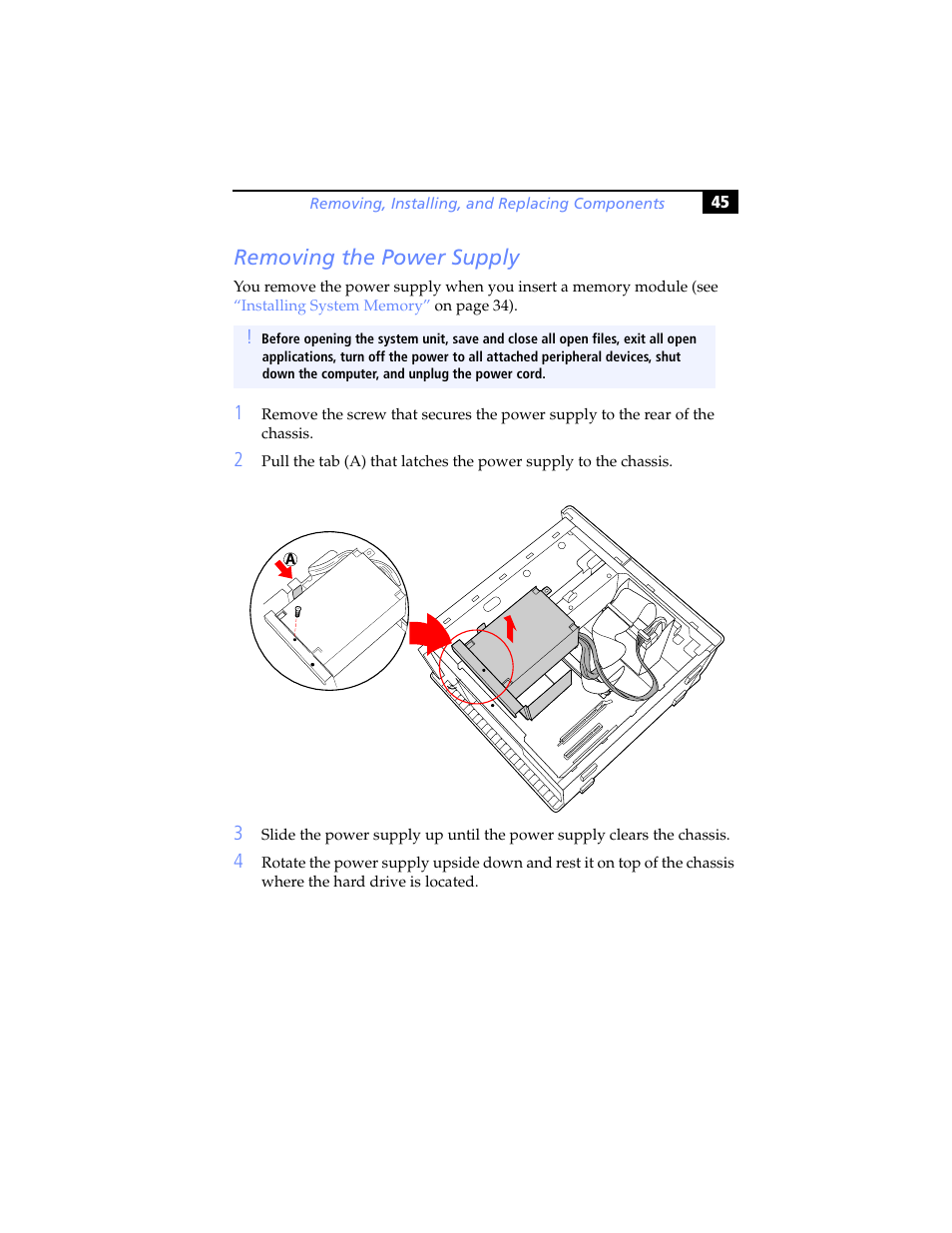 Removing the power supply | Sony PCV-RX460 User Manual | Page 59 / 114