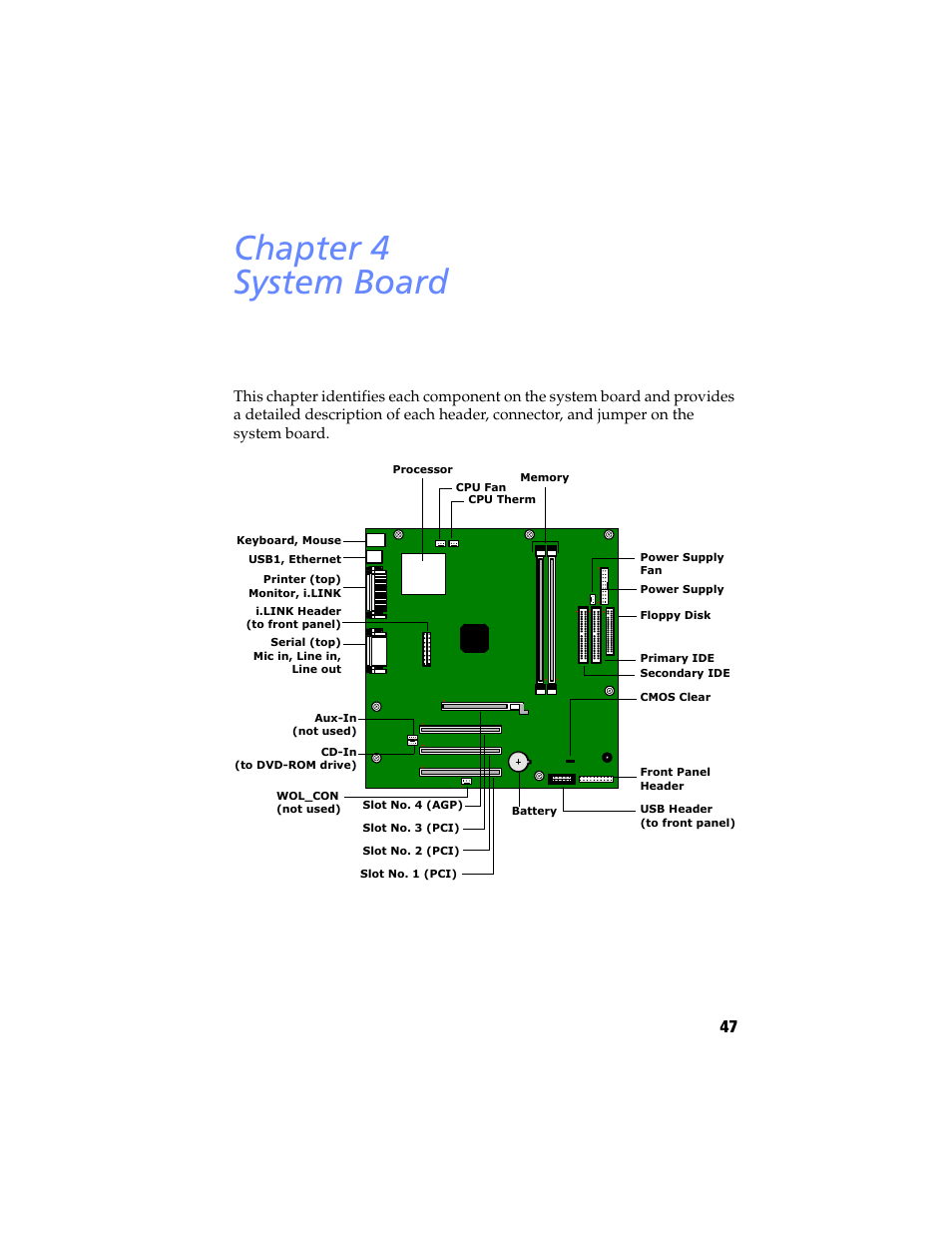 System board, Chapter 4 — system board, Chapter 4 system board | Sony PCV-RX460 User Manual | Page 61 / 114