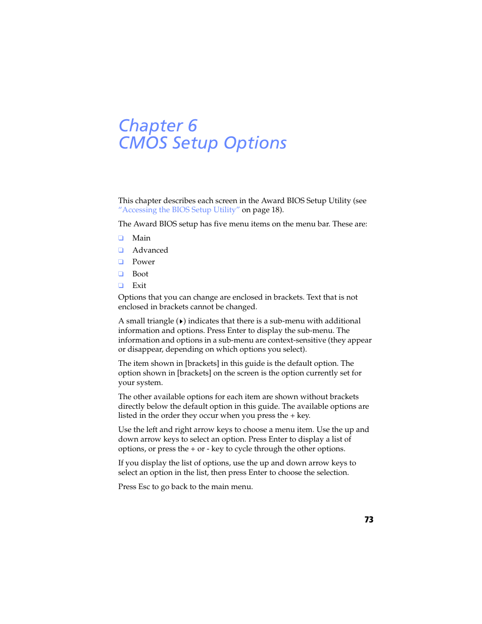 Cmos setup options, Chapter 6 — cmos setup options, Cmos | Setup options, Chapter 6 cmos setup options | Sony PCV-RX460 User Manual | Page 87 / 114