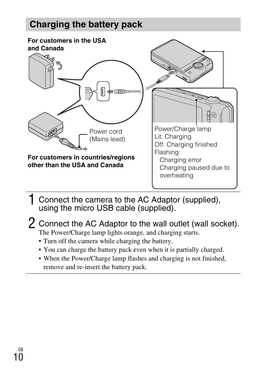 Charging the battery pack | Sony DSC-WX50 User Manual | Page 10 / 64