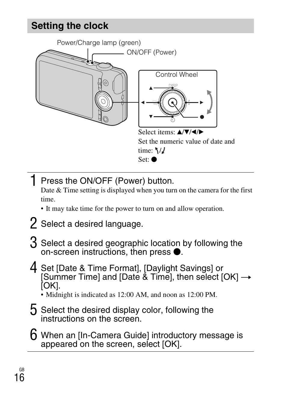 Setting the clock | Sony DSC-WX50 User Manual | Page 16 / 64