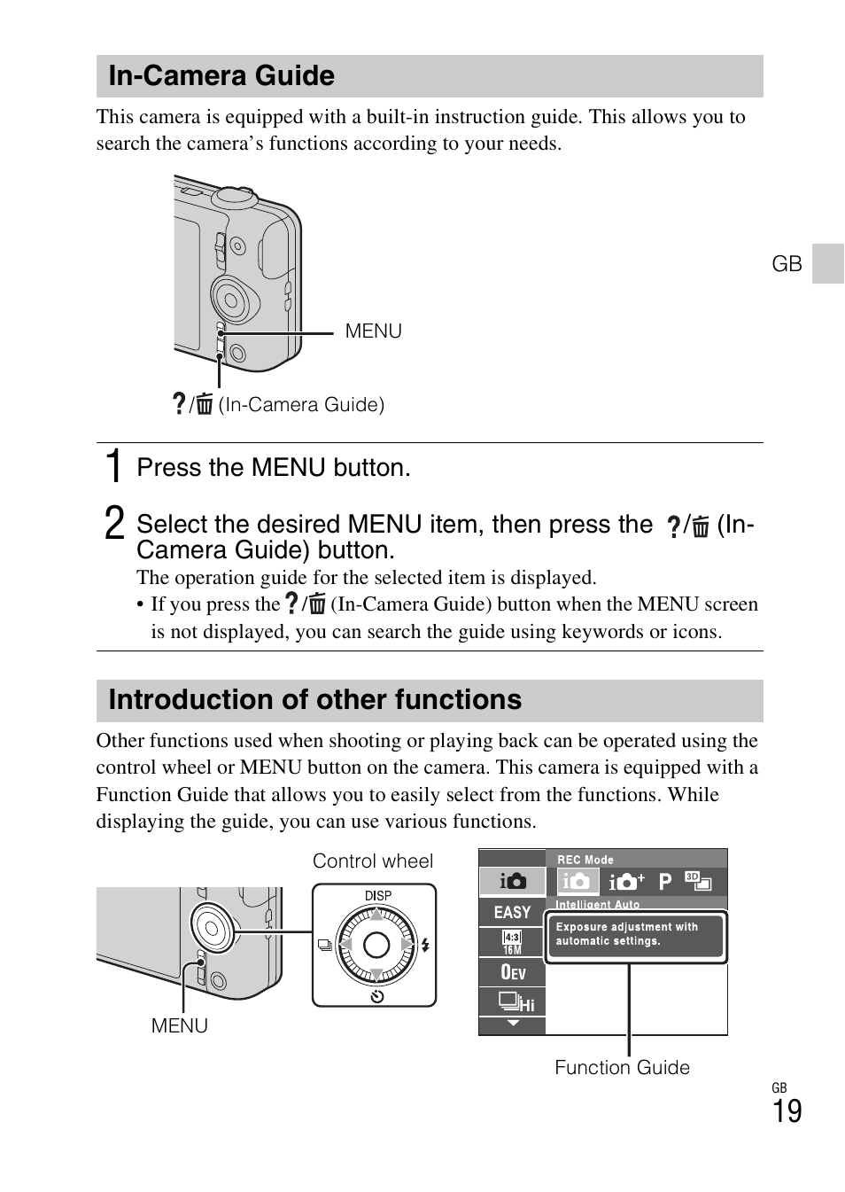 In-camera guide, Introduction of other functions | Sony DSC-WX50 User Manual | Page 19 / 64