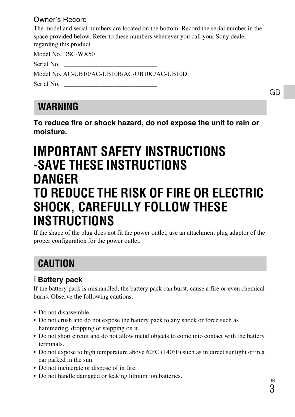 Warning caution | Sony DSC-WX50 User Manual | Page 3 / 64