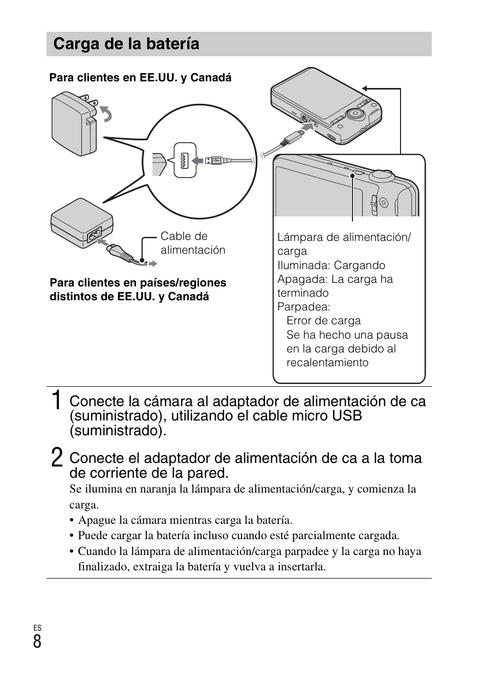 Carga de la batería | Sony DSC-WX50 User Manual | Page 38 / 64