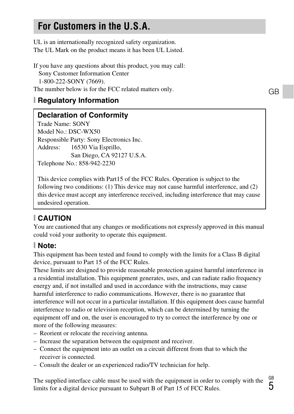 For customers in the u.s.a | Sony DSC-WX50 User Manual | Page 5 / 64