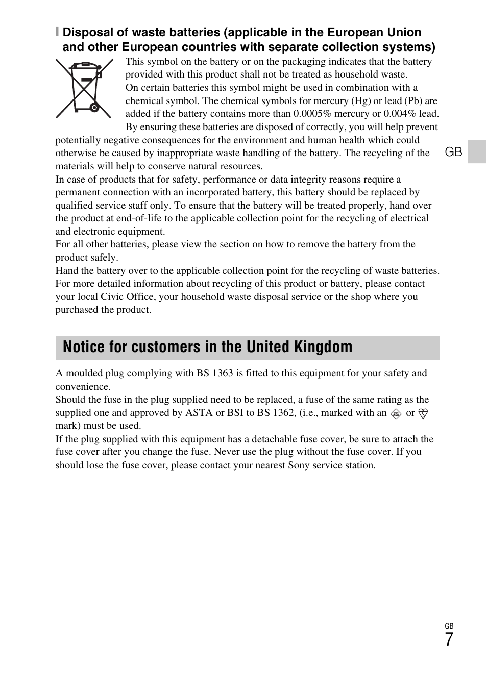 Notice for customers in the united kingdom | Sony DSC-WX50 User Manual | Page 7 / 64