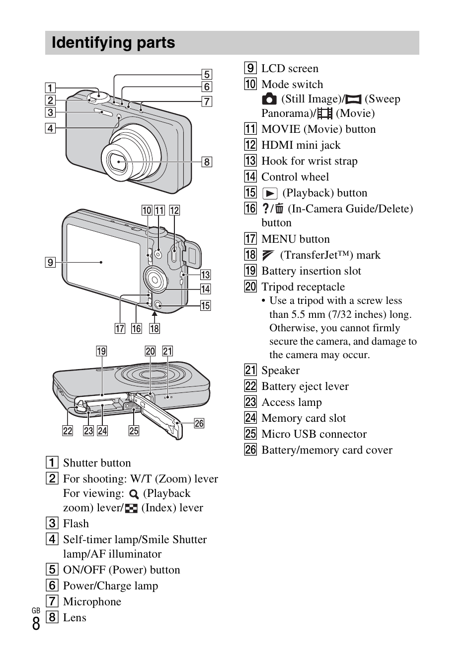 Identifying parts | Sony DSC-WX50 User Manual | Page 8 / 64
