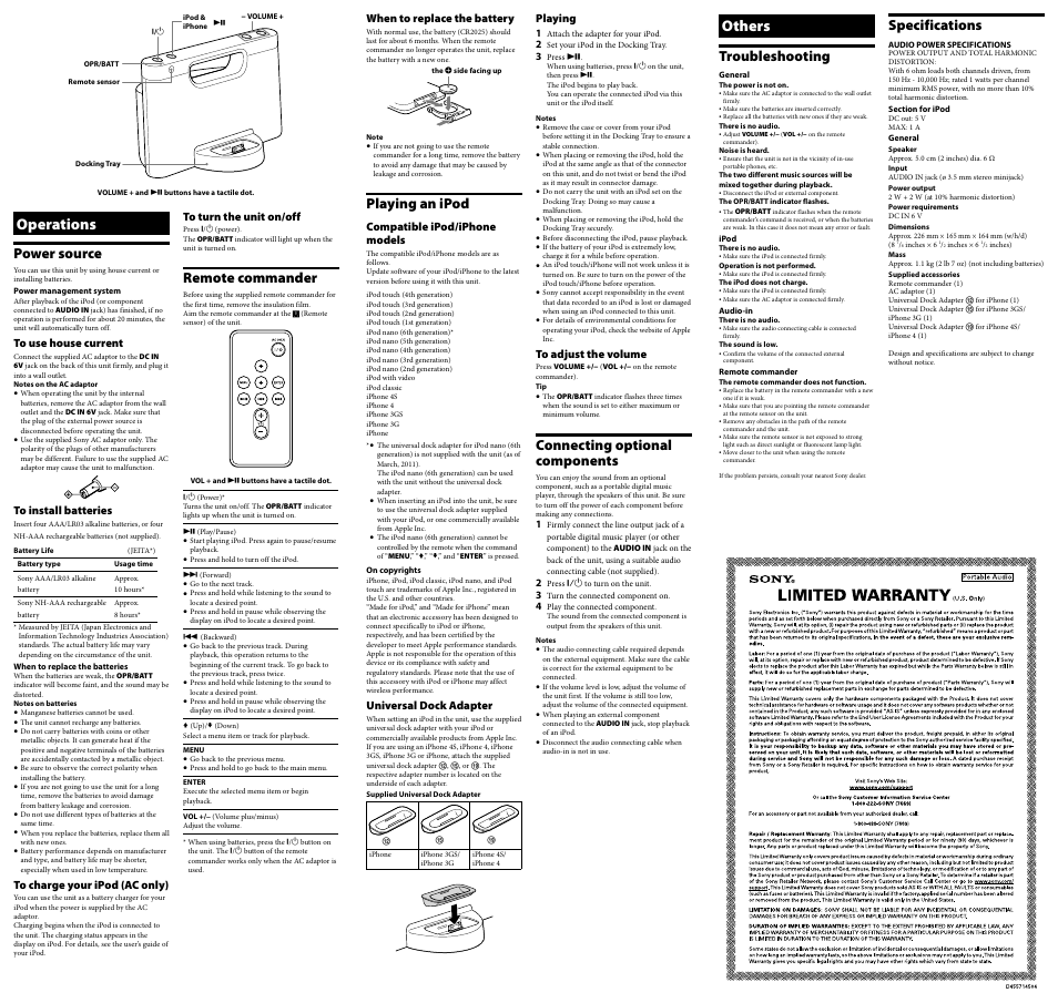 Others, Operations, Playing an ipod | Connecting optional components, Troubleshooting, Specifications, Power source, Remote commander | Sony RDP-M5iP User Manual | Page 2 / 2