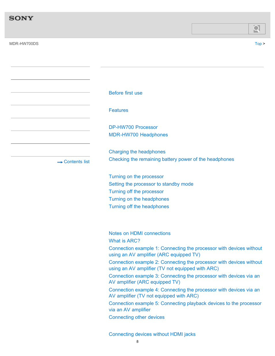 Contents list, Help guide | Sony MDR-HW700DS User Manual | Page 12 / 117