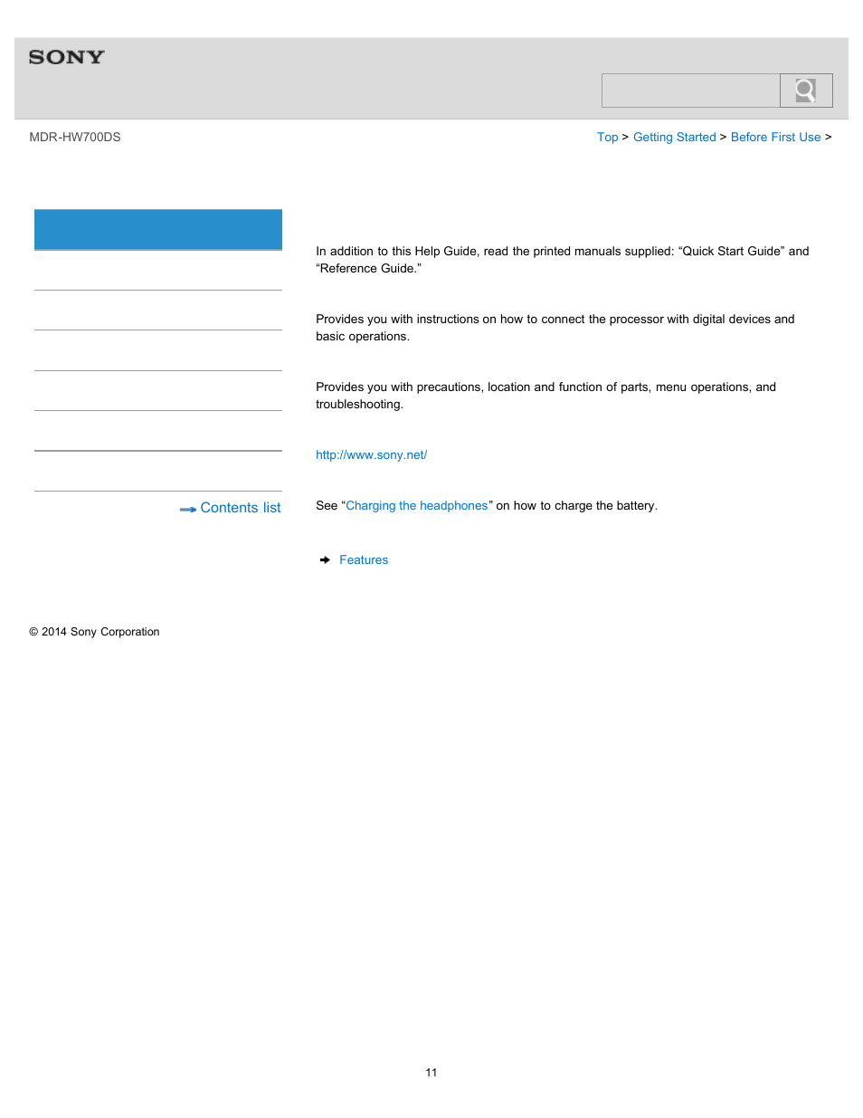 Before first use, Help guide, Search | Sony MDR-HW700DS User Manual | Page 15 / 117