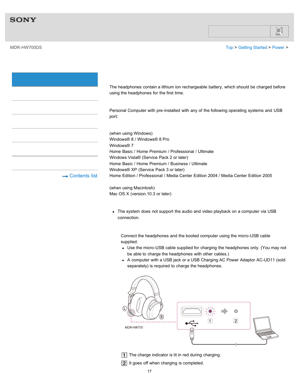Charging the headphones, Details, Help guide | Search | Sony MDR-HW700DS User Manual | Page 21 / 117