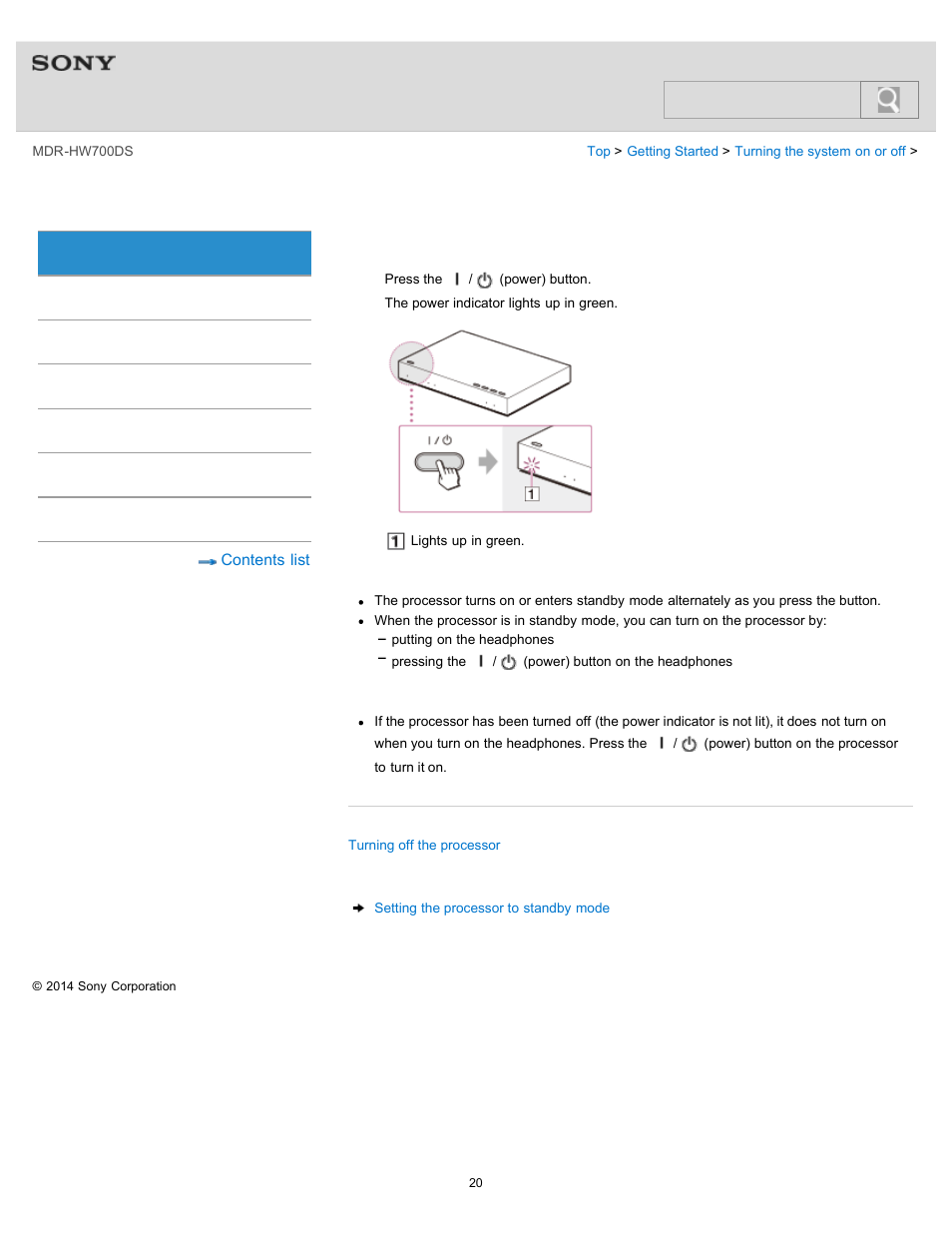 Turning on the processor, Details, Help guide | Search | Sony MDR-HW700DS User Manual | Page 24 / 117