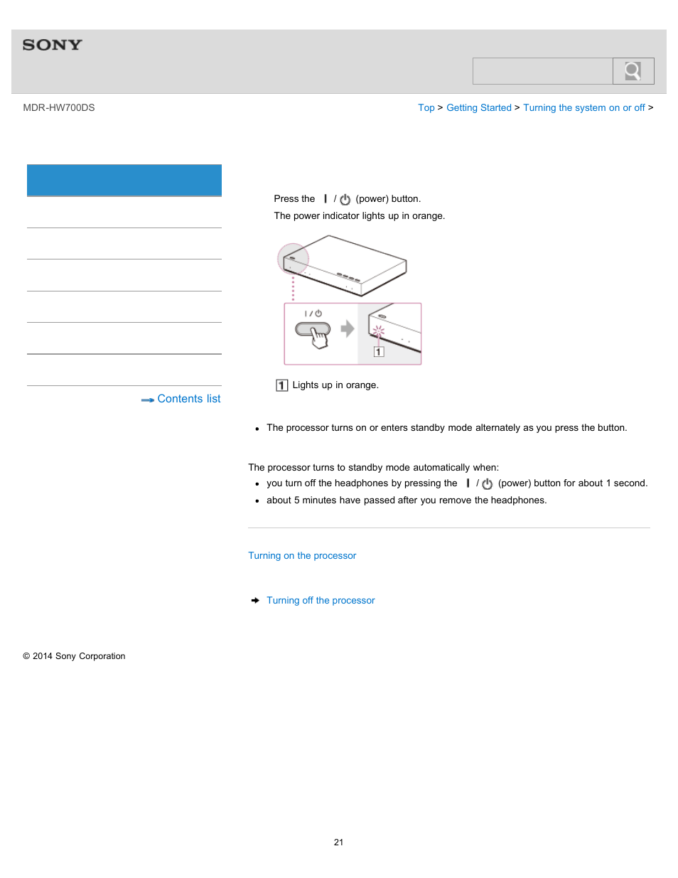Setting the processor to standby mode, Details, Help guide | Search | Sony MDR-HW700DS User Manual | Page 25 / 117