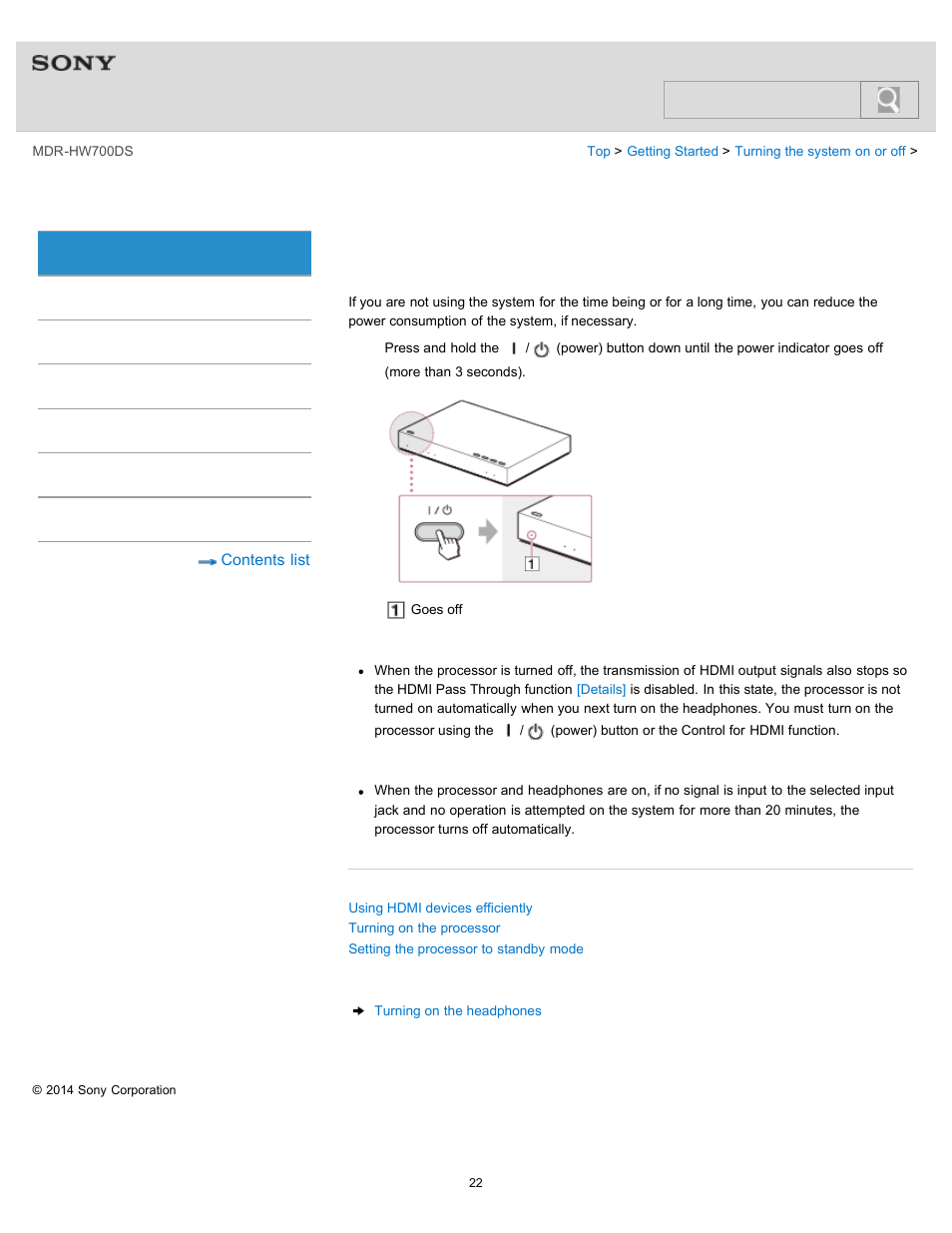 Turning off the processor, Details, Help guide | Search | Sony MDR-HW700DS User Manual | Page 26 / 117