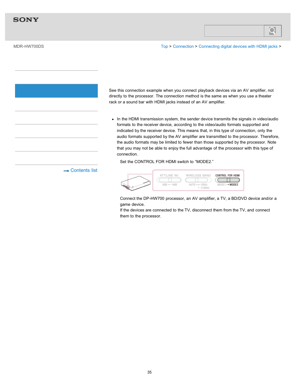 An av amplifier, Via an av amplifier, Help guide | Search | Sony MDR-HW700DS User Manual | Page 39 / 117