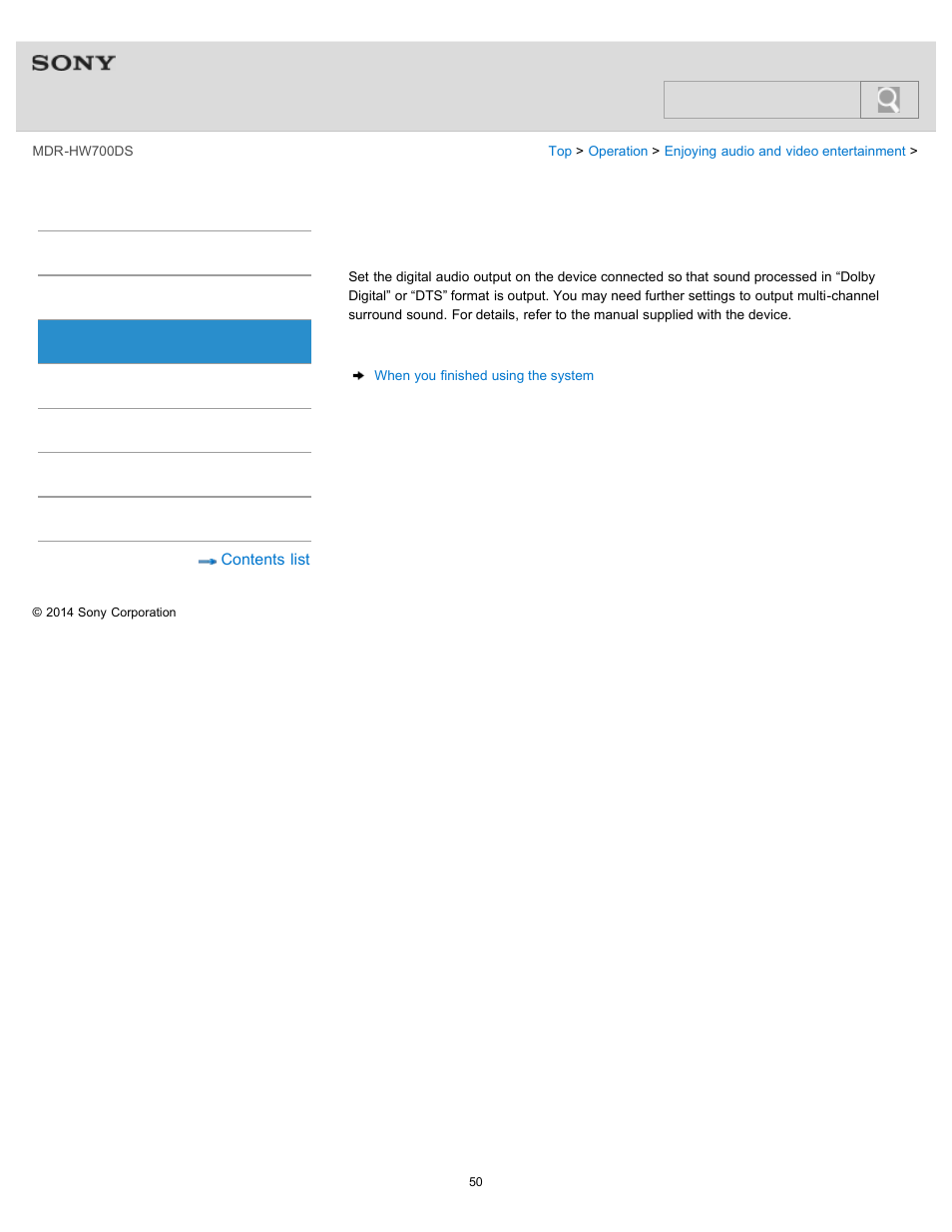 The audio output settings of the devices connected, Details, Help guide | Sony MDR-HW700DS User Manual | Page 54 / 117