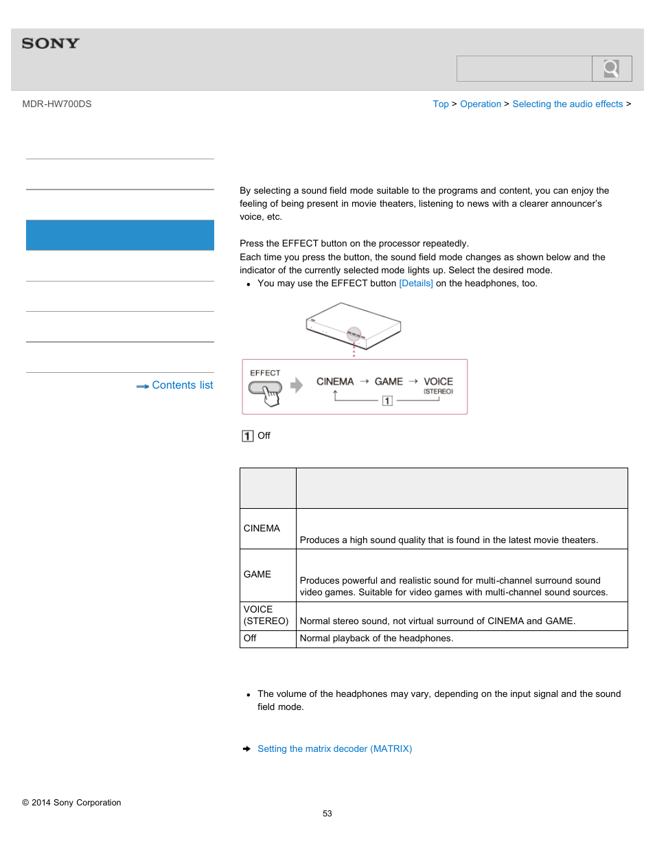 Setting the sound field mode (effect), Details, Help guide | Search | Sony MDR-HW700DS User Manual | Page 57 / 117