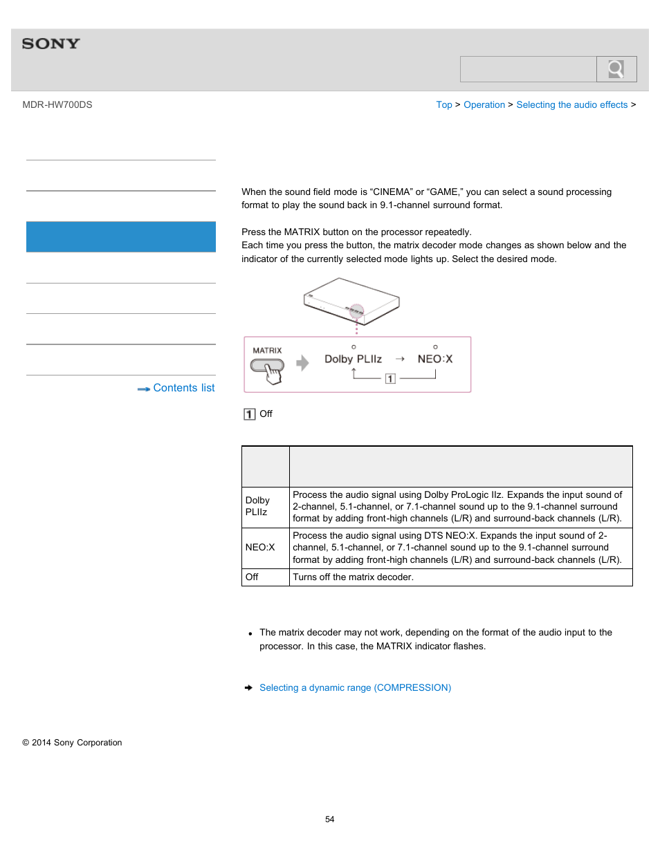 Setting the matrix decoder (matrix), Details, Help guide | Search | Sony MDR-HW700DS User Manual | Page 58 / 117