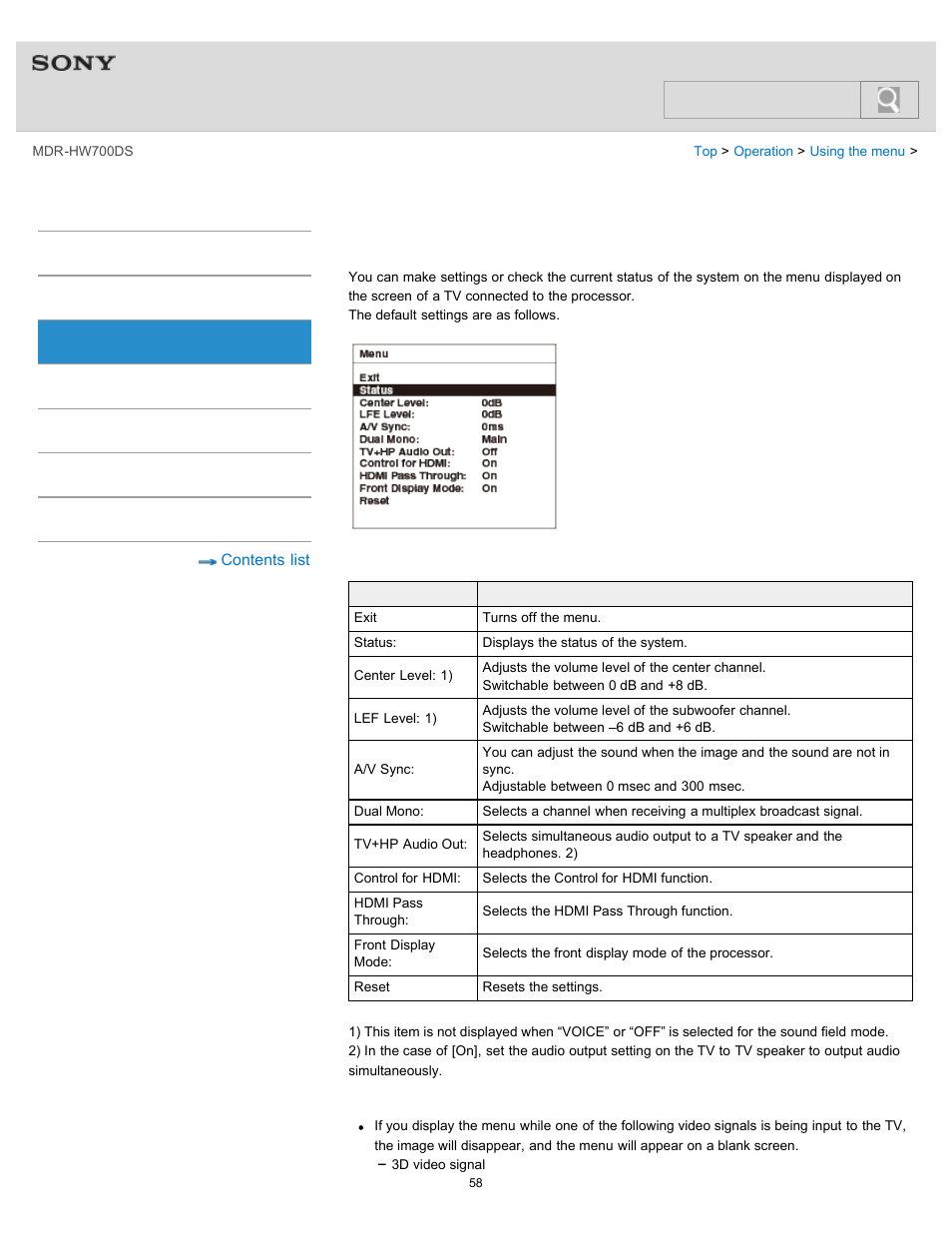 What you can do with the menu, Help guide, Search | Sony MDR-HW700DS User Manual | Page 62 / 117