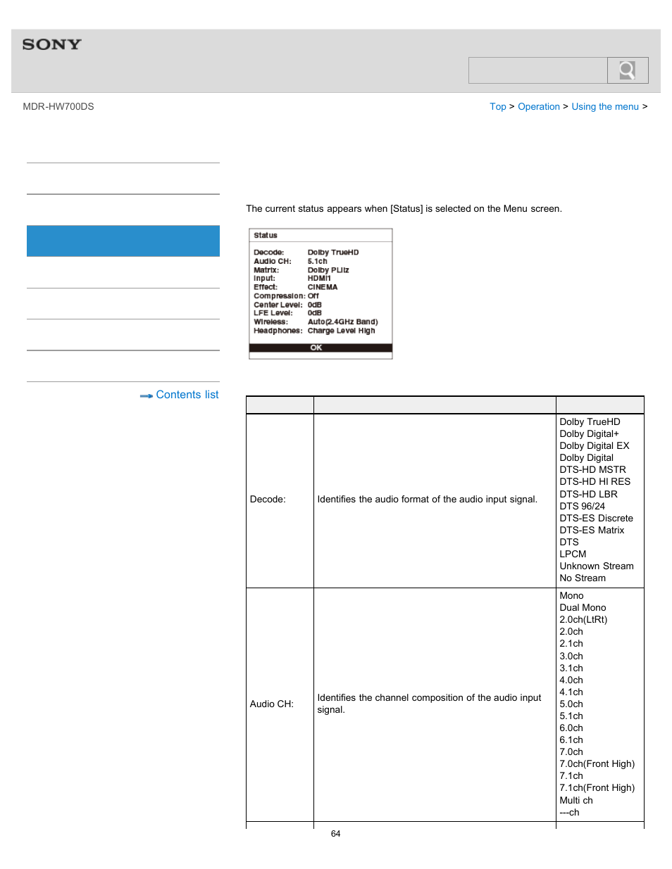 Displaying the current status of the system, Details, Help guide | Search | Sony MDR-HW700DS User Manual | Page 68 / 117