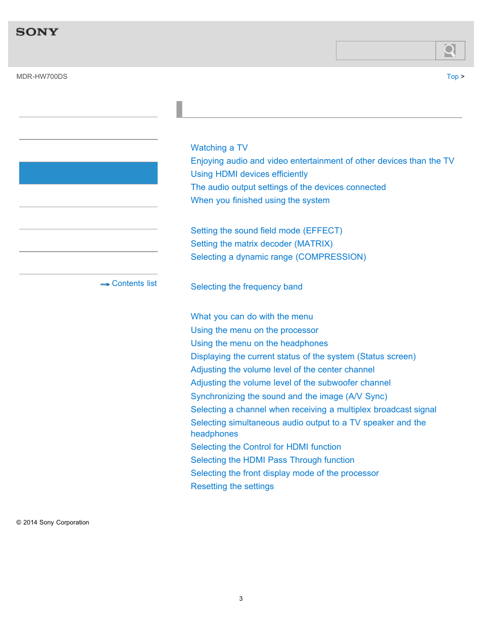 Operation, Enjoying audio and video entertainment, Selecting the audio effects | Using the menu, Help guide | Sony MDR-HW700DS User Manual | Page 7 / 117
