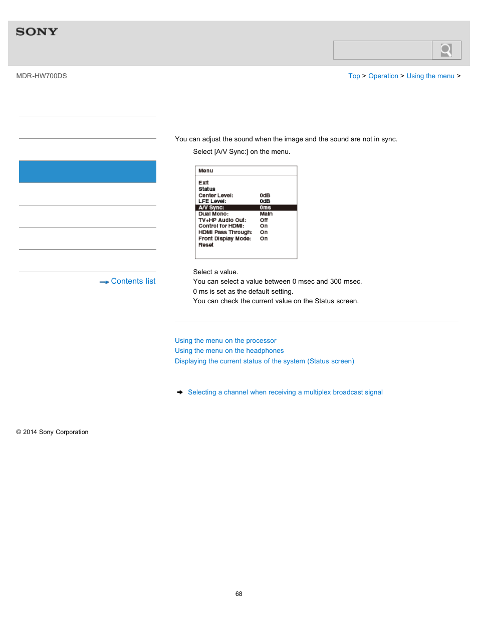 Synchronizing the sound and the image (a/v sync), Details, Help guide | Search | Sony MDR-HW700DS User Manual | Page 72 / 117