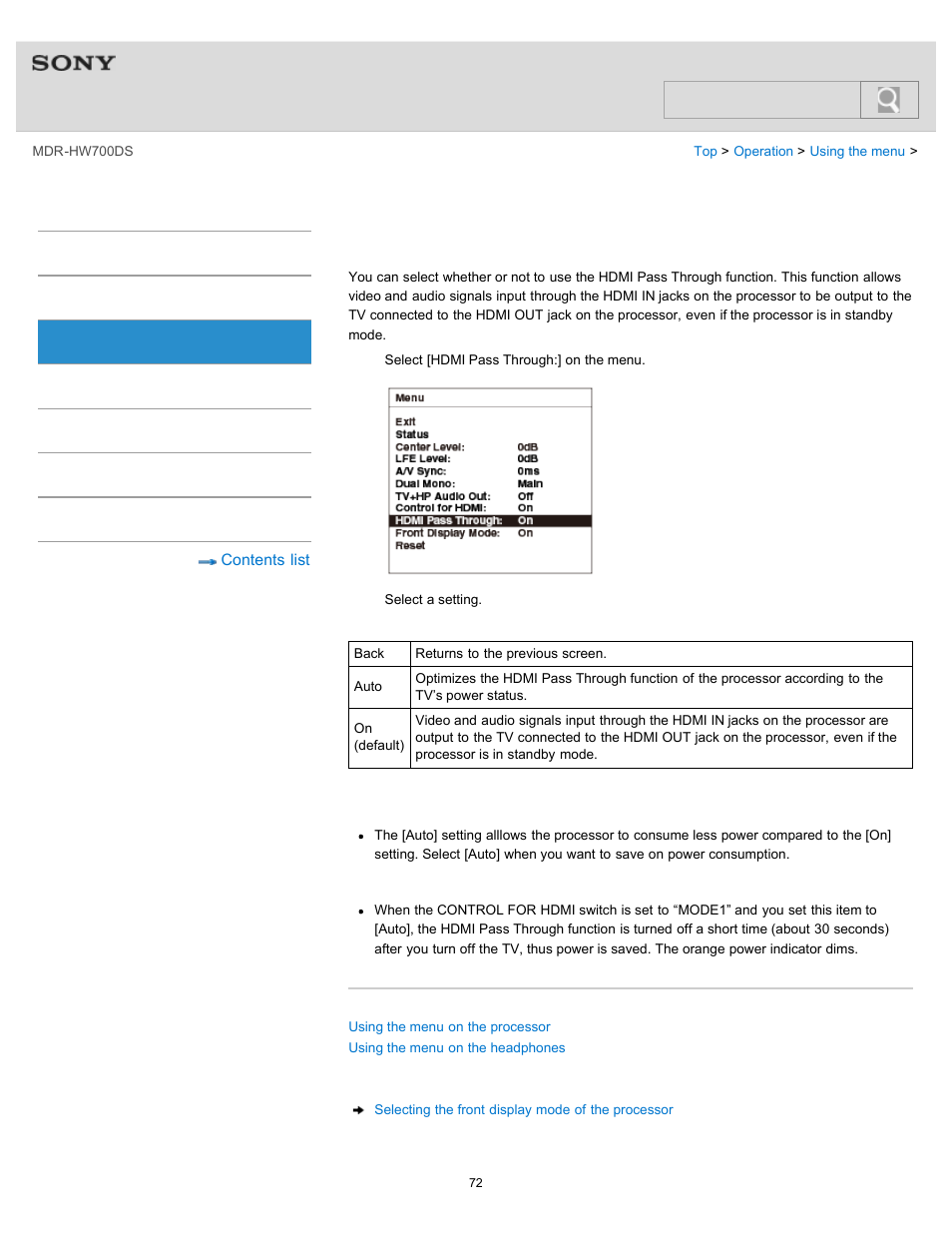Selecting the hdmi pass through function, Details, Help guide | Search | Sony MDR-HW700DS User Manual | Page 76 / 117